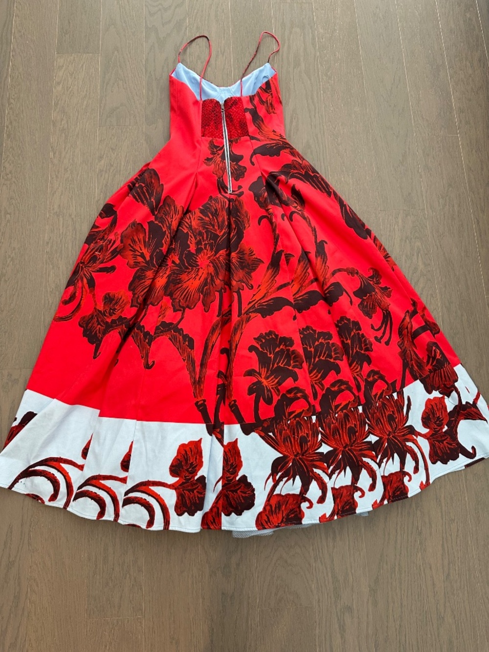 Alice + Olivia ISABELLE Red Midi Dress Philosophy Blue Floral Full Skirt Size 2 - Picture 3 of 10